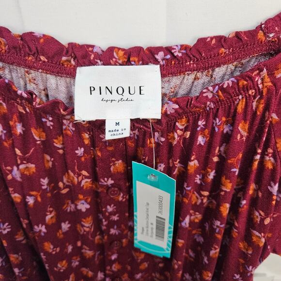 Pinque Cropped Blouse Puff Sleeves Floral Burgundy Size Medium - Picture 3 of 7